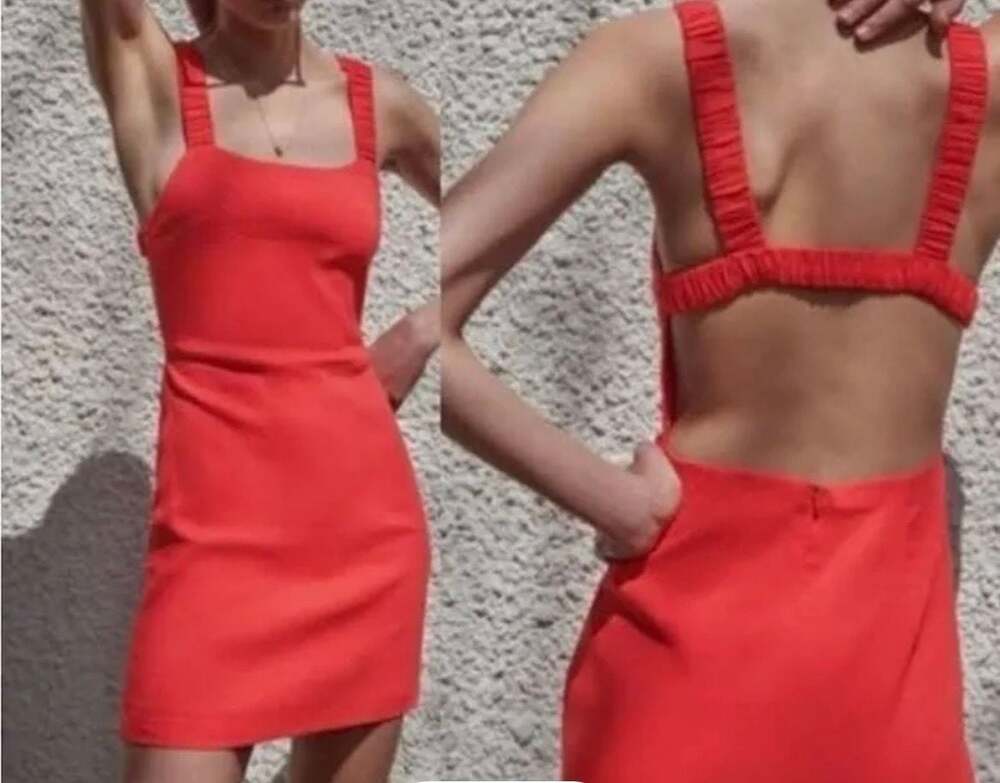 NWT ZARA Red Open Back Linen Blend Mini Dress with Ruched Straps